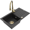Mexen Pablo granitový jednokomorový drez s odkvapkávačom a kuchynskou batériou Savita, Čierna/Strieborná metalíza - 6510-73-6726