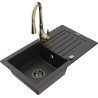 Mexen Pablo granitový jednokomorový drez s odkvapkávačom a kuchynskou batériou Savita, Čierna/Zlatá metalíza - 6510-75-672601-50