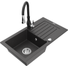 Mexen Pablo granitový jednokomorový drez s odkvapkávačom a kuchynskou batériou Savita, Čierna škvrnitá - 6510-76-672601-70