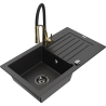 Mexen Pablo granitový jednokomorový drez s odkvapkávačom a kuchynskou batériou Aster, Čierna/Strieborná metalíza - 6510-73-73450