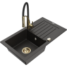 Mexen Pablo granitový jednokomorový drez s odkvapkávačom a kuchynskou batériou Aster, Čierna/Zlatá metalíza - 6510-75-73450-57-G