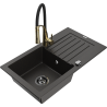 Mexen Pablo granitový jednokomorový drez s odkvapkávačom a kuchynskou batériou Aster, Čierna/Zlatá metalíza - 6510-75-73450-57-B
