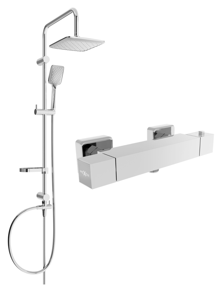 Mexen Sven stenová sprchová súprava s dažďovými tryskami a sprchovou termostatickou batériou Cube, chrómová - 77200262-00