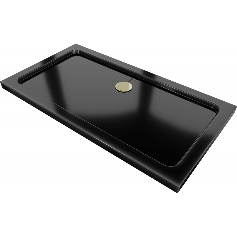 Mexen Flat obdĺžniková sprchová vanička slim 130 x 70 cm, čierna, syfon zlatá - 40707013G