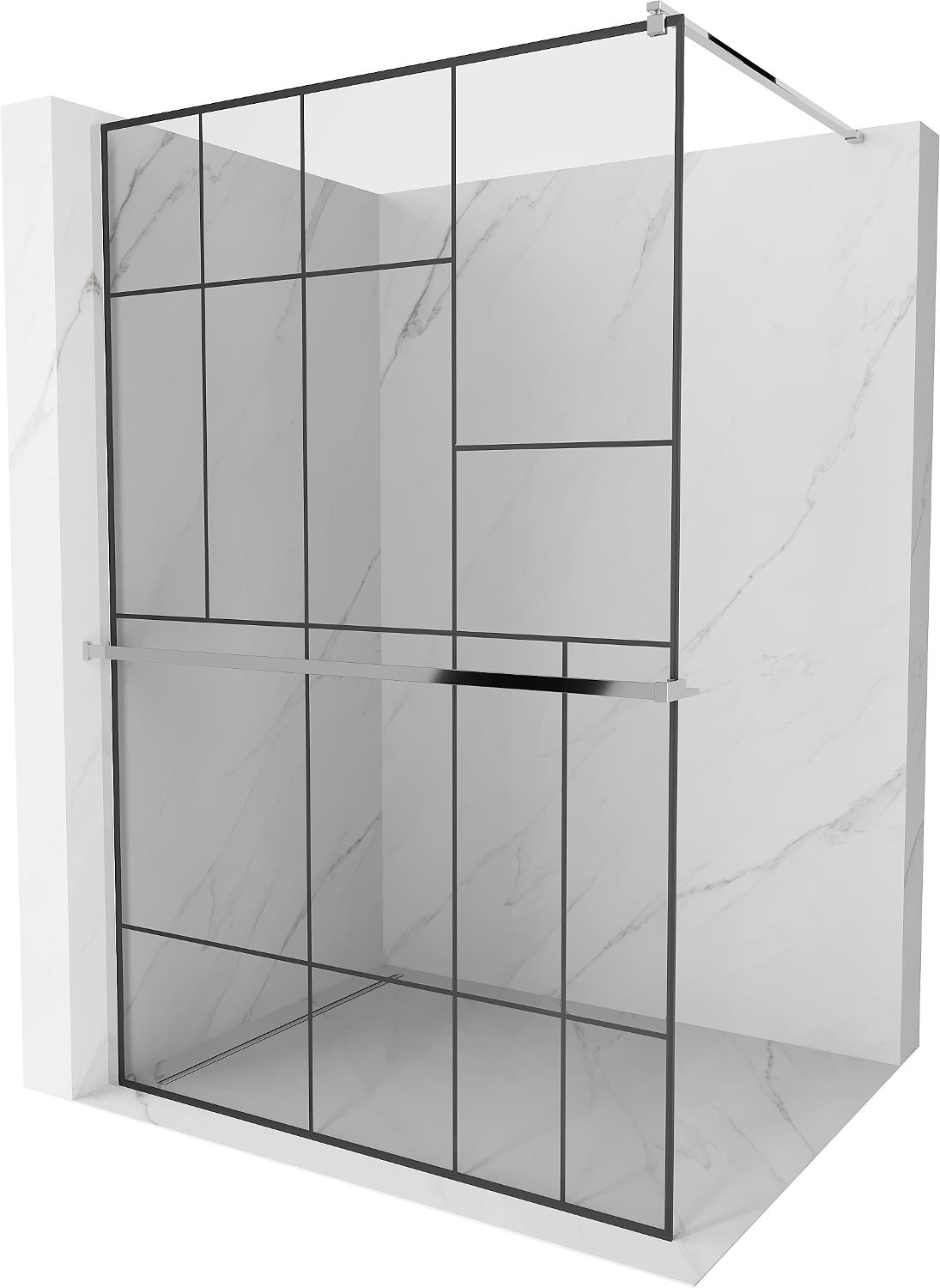 Mexen Kioto+ sprchová stena s poličkou a lištou 130 x 200 cm, transparentnéné/čierny vzor 8 mm, chrómová - 800-130-121-01-78