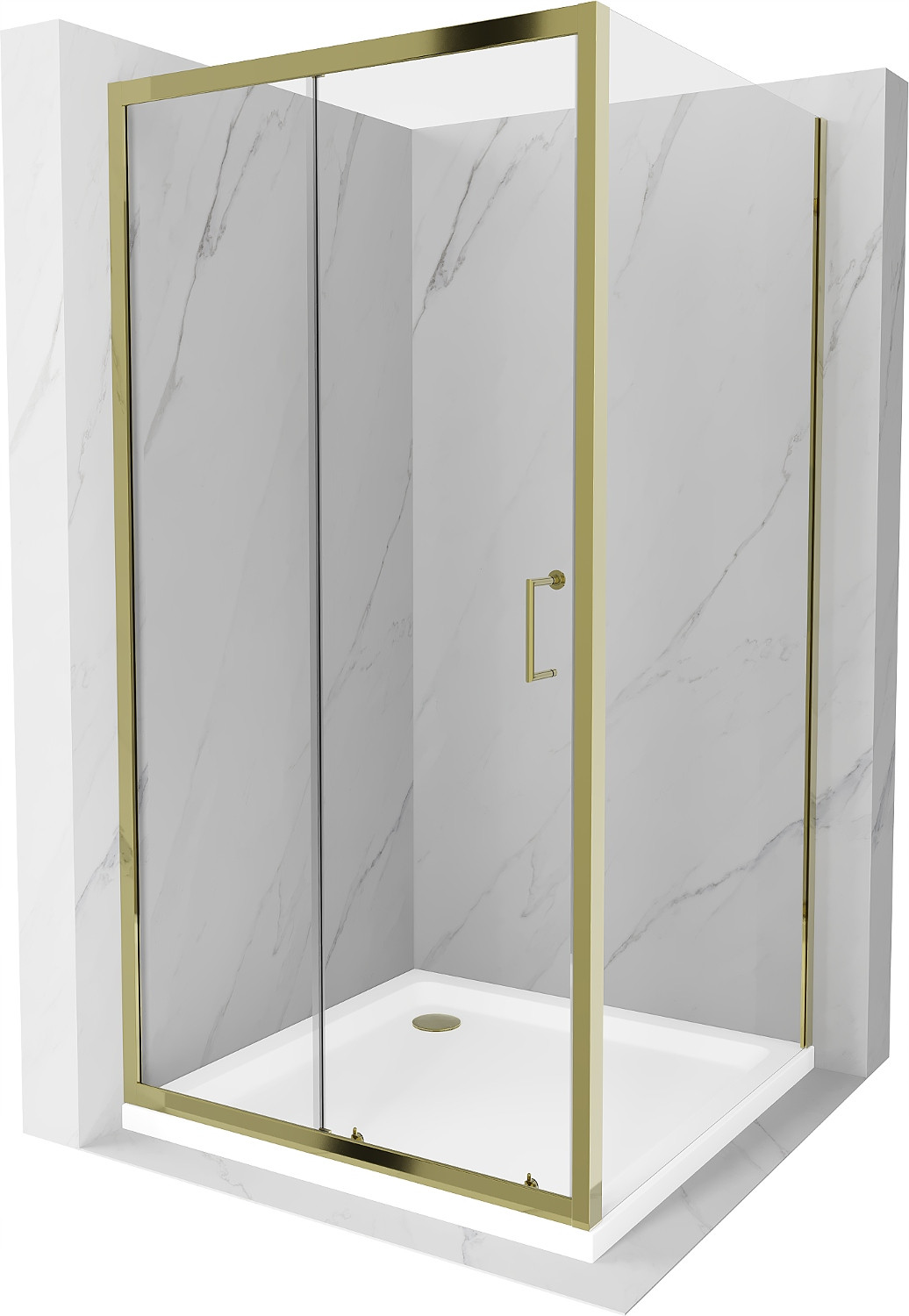 Mexen Apia sprchová kabína, posuvné dvere 100 x 100 cm, transparentnéné, zlatá + závesný bidet Flat, biela