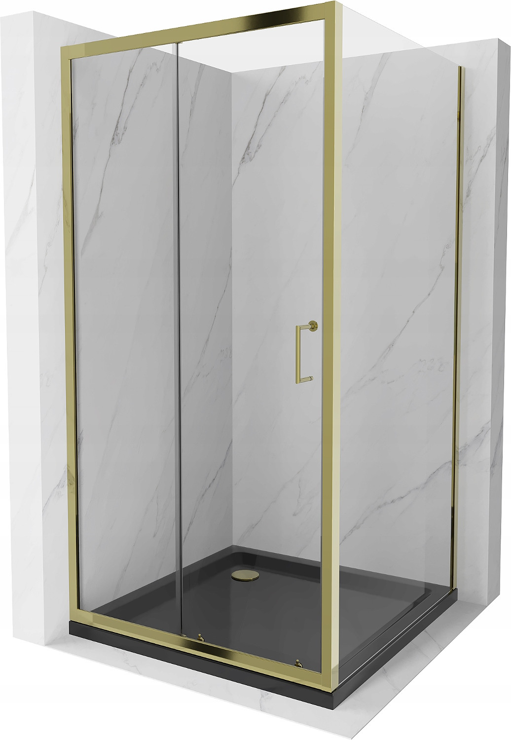 Mexen Apia sprchová kabína, posuvné dvere 100 x 100 cm, transparentnéné, zlatá + závesný bidet Flat, čierna