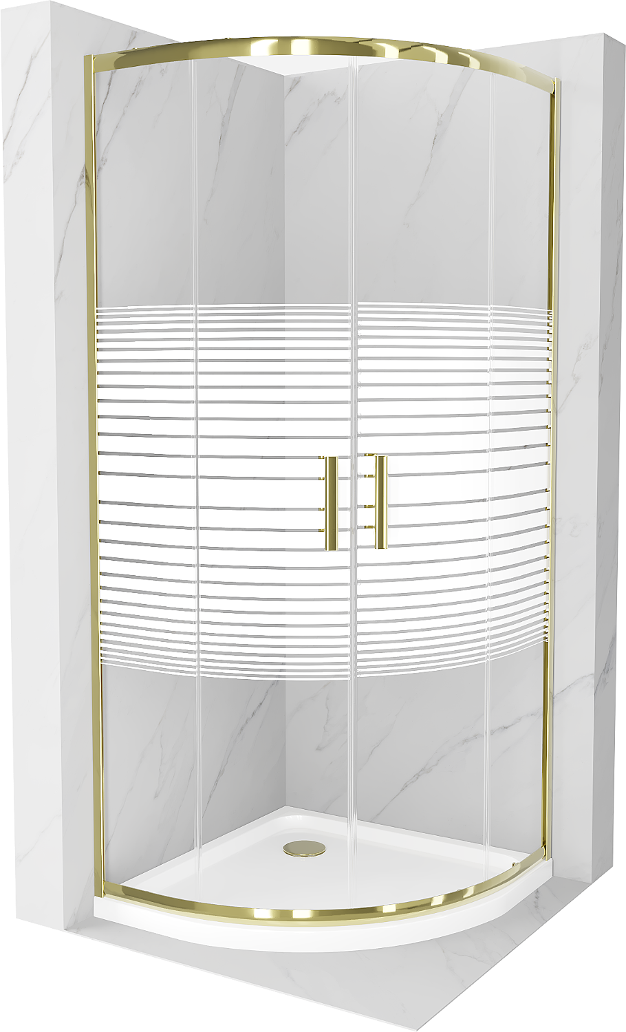 Mexen Rio polkruhová sprchová kabína 90 x 90 cm, pruhy, zlatá + závesný bidet Flat, biela- 863-090-090-50-20-4110G