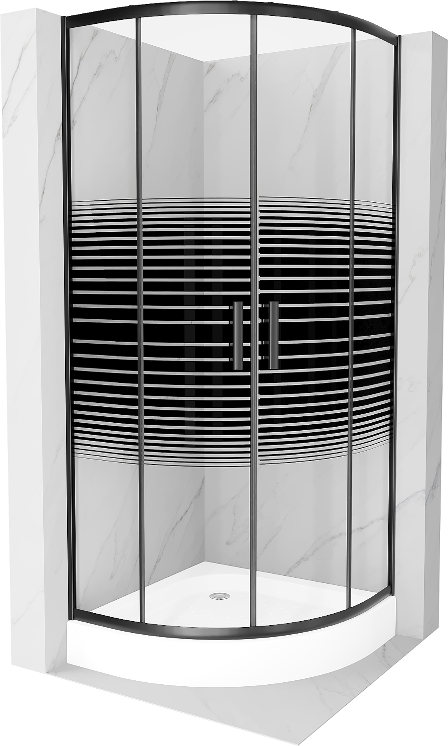 Mexen Rio polkruhová sprchová kabína 90 x 90 cm, pruhy, čierna + závesný bidet Rio, biela- 863-090-090-70-20-4710