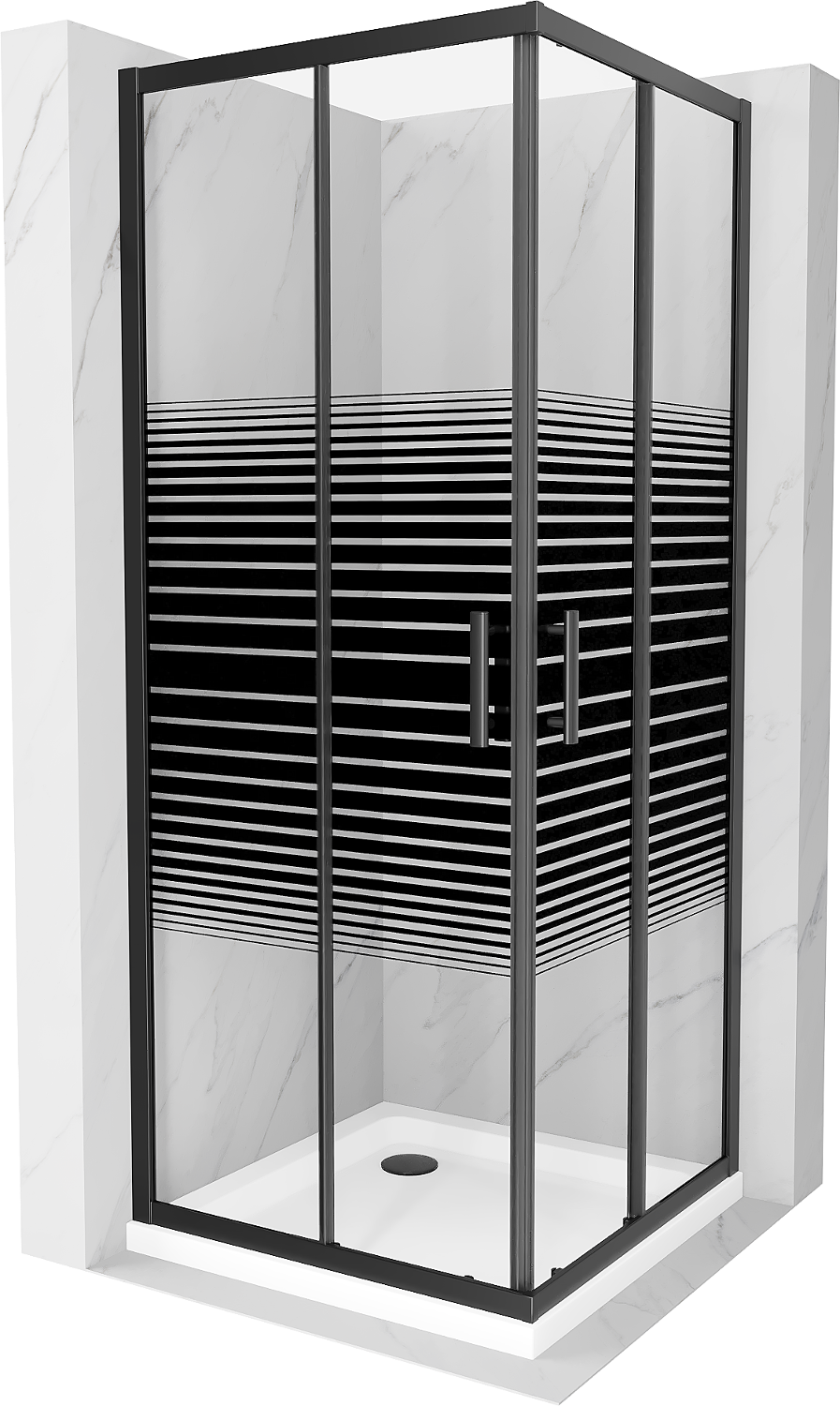 Mexen Rio štvorcová sprchová kabína 90 x 90 cm, pruhy, čierna + závesný bidet Flat, biela- 860-090-090-70-20-4010B