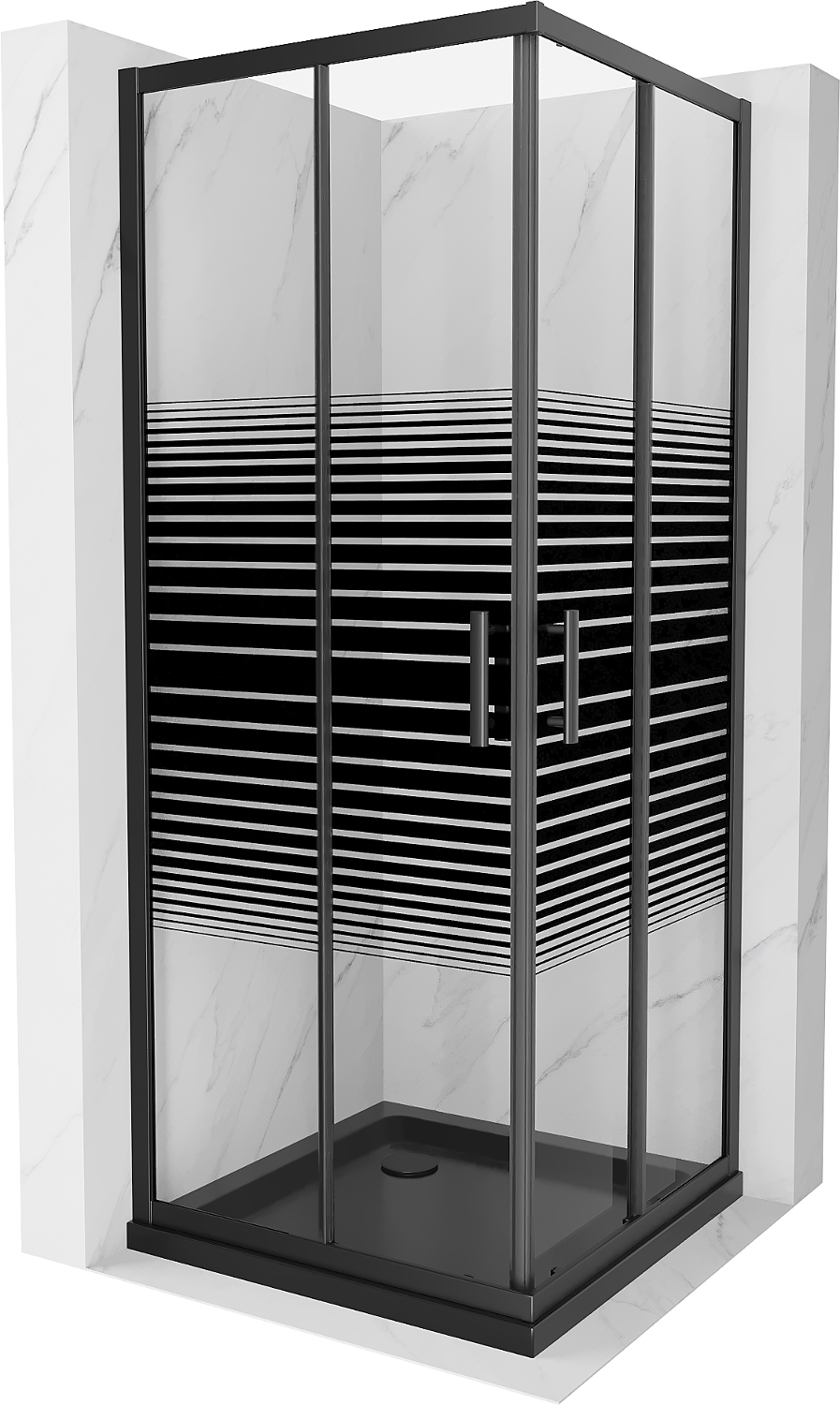Mexen Rio štvorcová sprchová kabína 90 x 90 cm, pruhy, čierna + závesný bidet Flat, čierna - 860-090-090-70-20-4070B