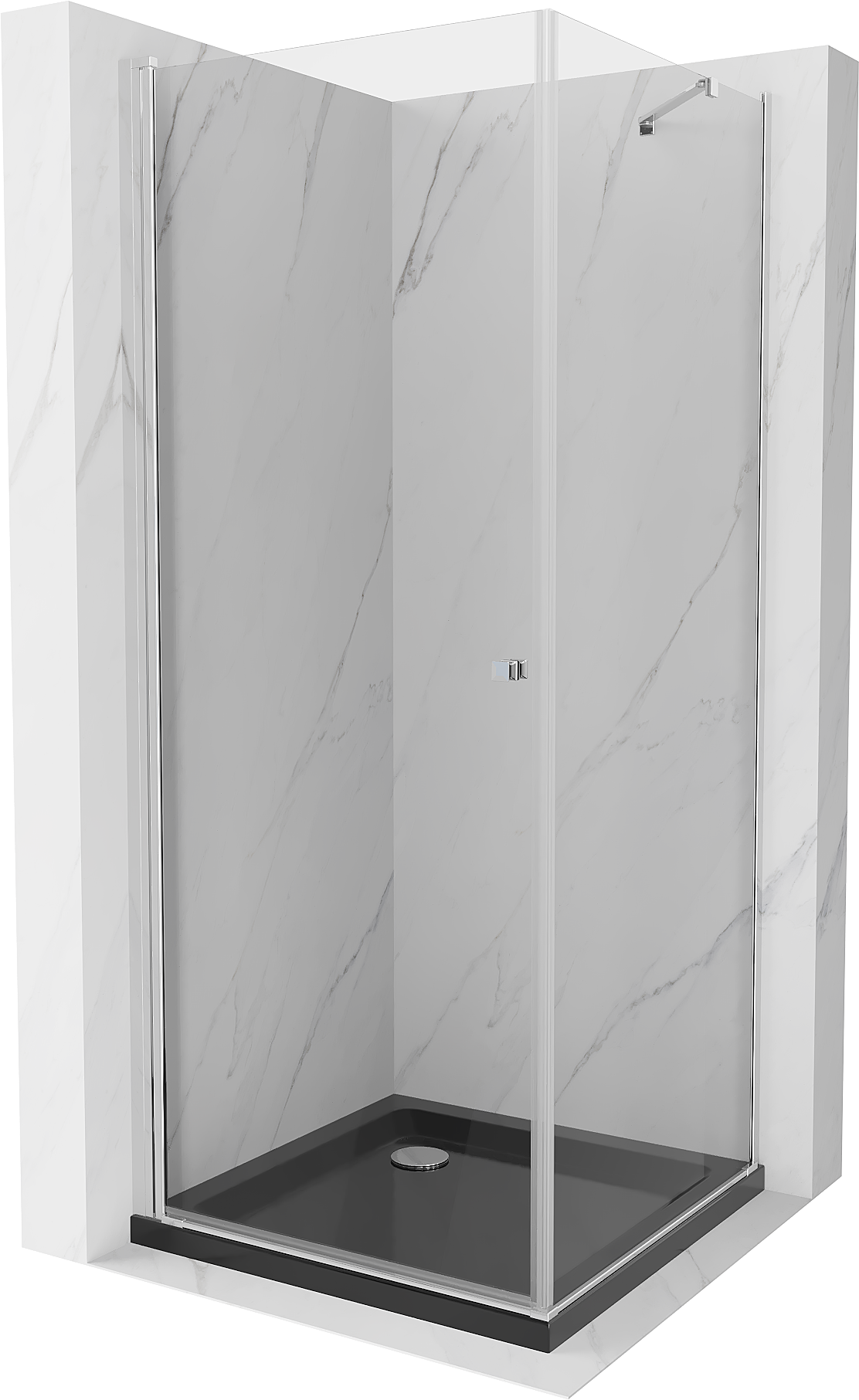 Mexen Pretoria sprchová kabína, kyvné dvere 70 x 70 cm, Transparentné, Chrómová + sprchová vanička Flat, Čierna - 852-070-070-01