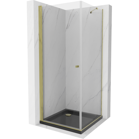 Mexen Pretoria sprchová kabína, kyvné dvere 70 x 70 cm, Transparentné, Zlatá + sprchová vanička Flat, Čierna - 852-070-070-50-00