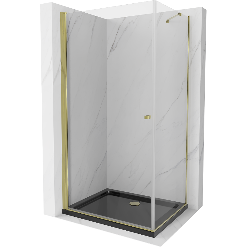 Mexen Pretoria sprchová kabína, kyvné dvere 80 x 100 cm, Transparentné, Zlatá + sprchová vanička Flat, Čierna - 852-080-100-50-0