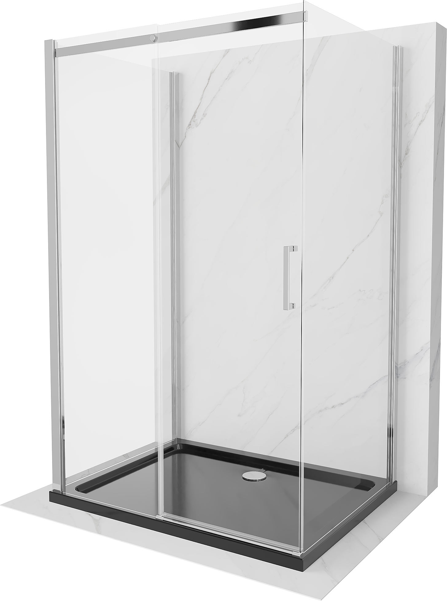 Mexen Omega sprchová kabína trojstenná, posuvné dvere 100 x 100 cm, Transparentné, Chrómová + sprchová vanička Flat - 825-100-10