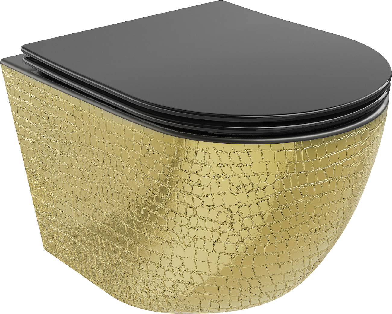 Mexen Lena WC misa Rimless s pomaly padajúcim sedátkom, duroplast, Čierna matná/Zlatá vzor rybích šupín - 30224078