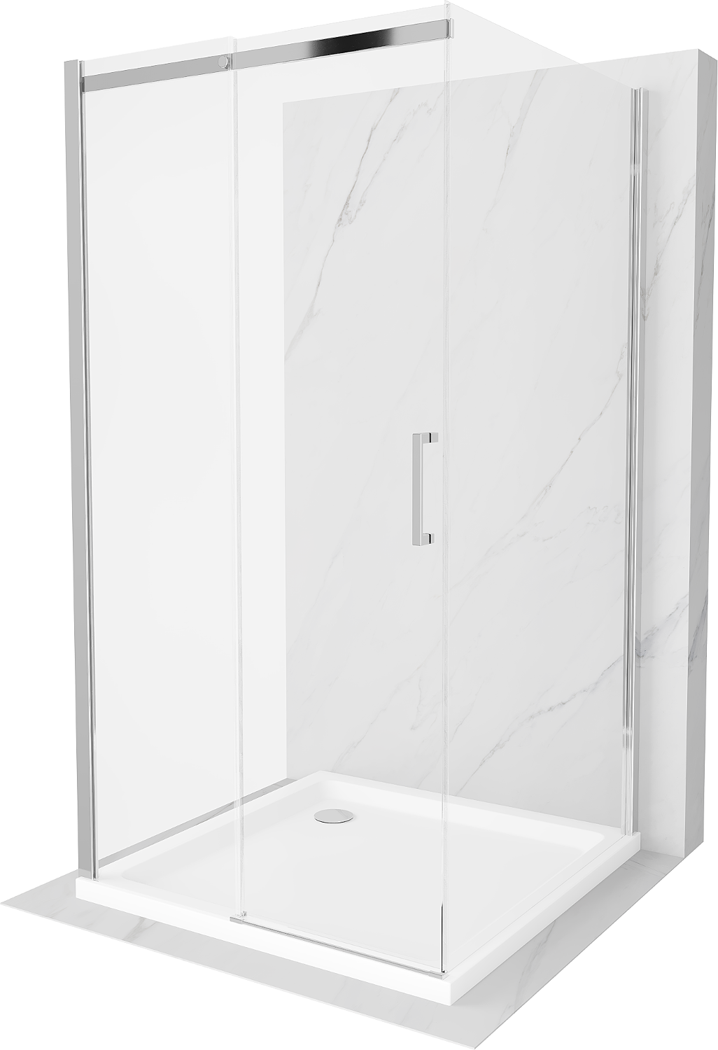Mexen Omega sprchová kabína trojstenná, posuvné dvere 100 x 100 cm, Transparentné, Chrómová + sprchová vanička Flat - 825-100-10