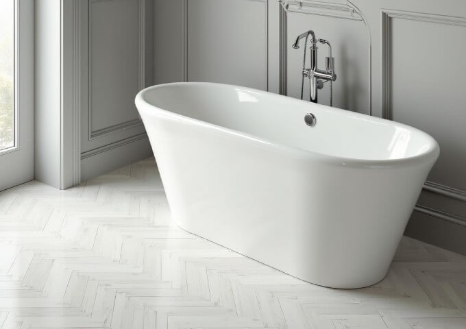 Sivé vinylové panely v rybej kosti v kúpeľni