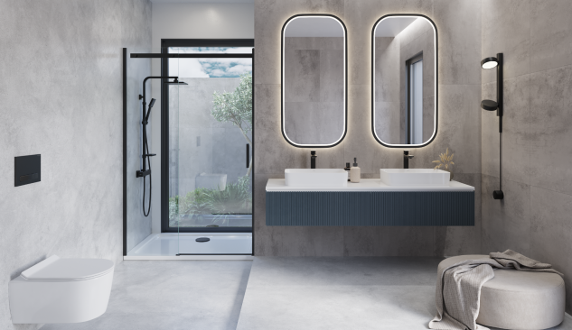 Moderná kúpeľňa s dvoma umývadlami na doske