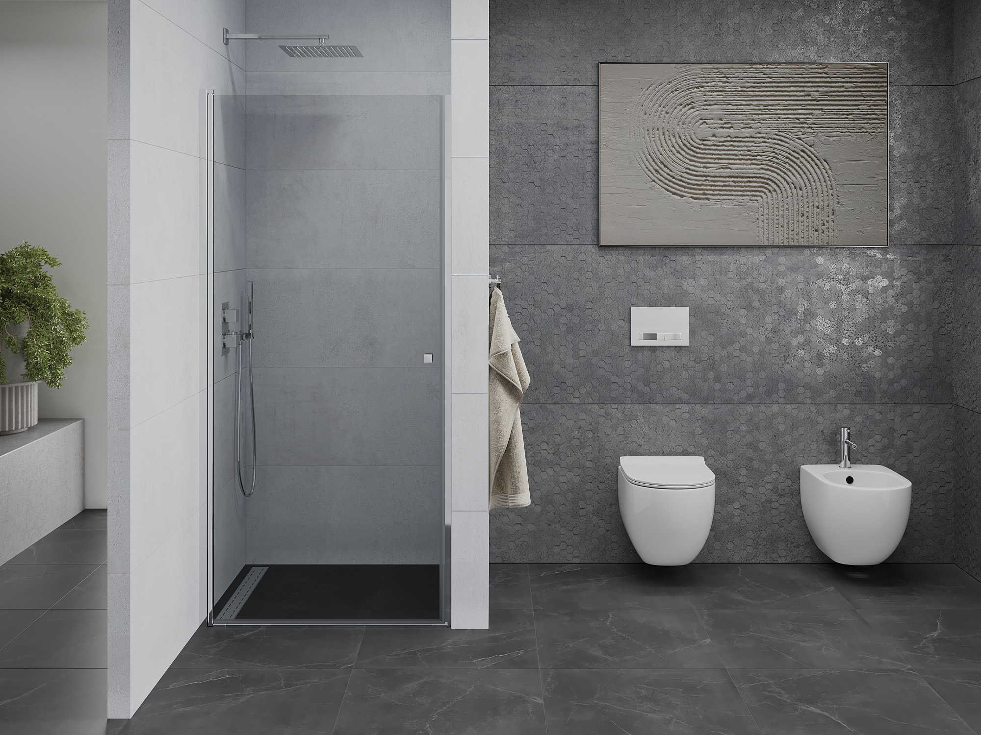 Priestranná kúpeľňa so sprchovými dverami