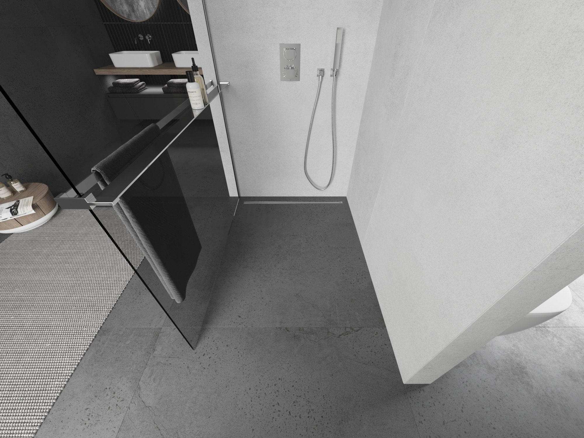 Sprchová stena s policou v modernom štýle