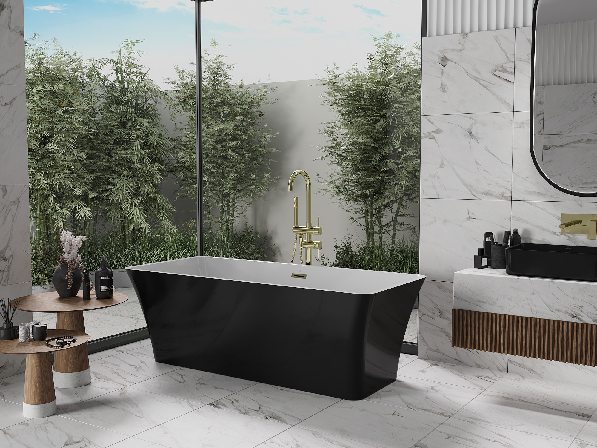 Kombinácia čiernej a zlatej v mramorovej kúpeľni