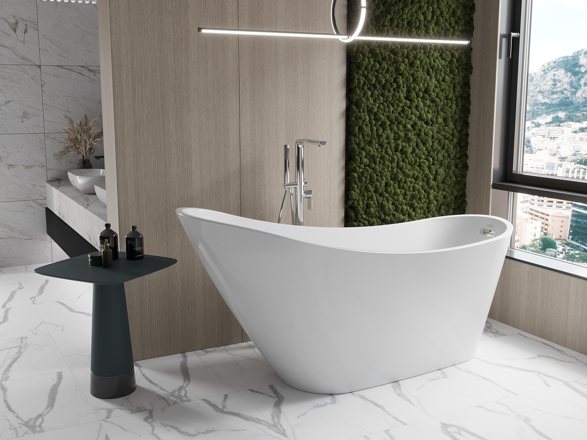 Útulná kúpeľňa vo farbách Zeme - stena z machu