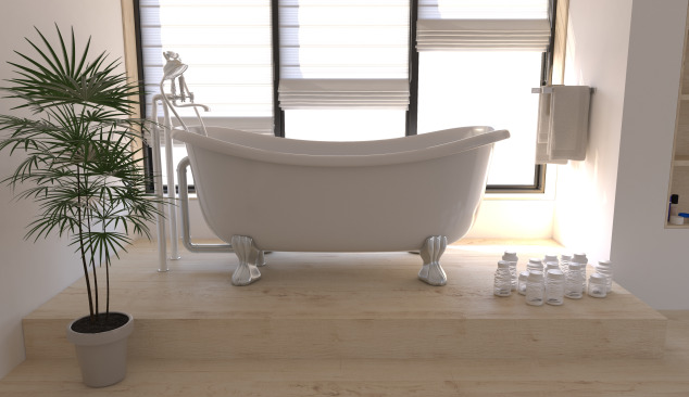 Drevená podlaha v bielej kúpeľni