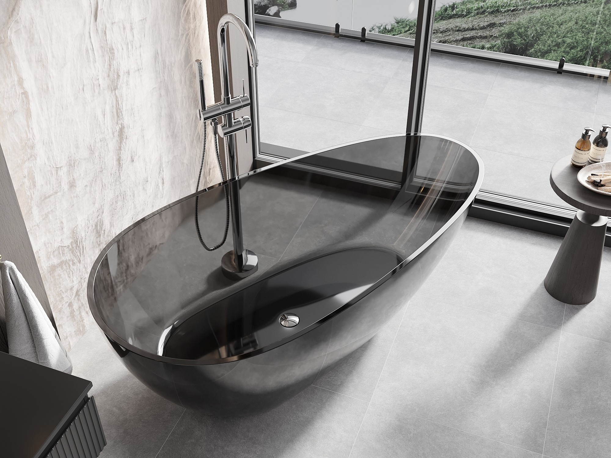 Priehľadná vaňa zo živice v kúpeľni