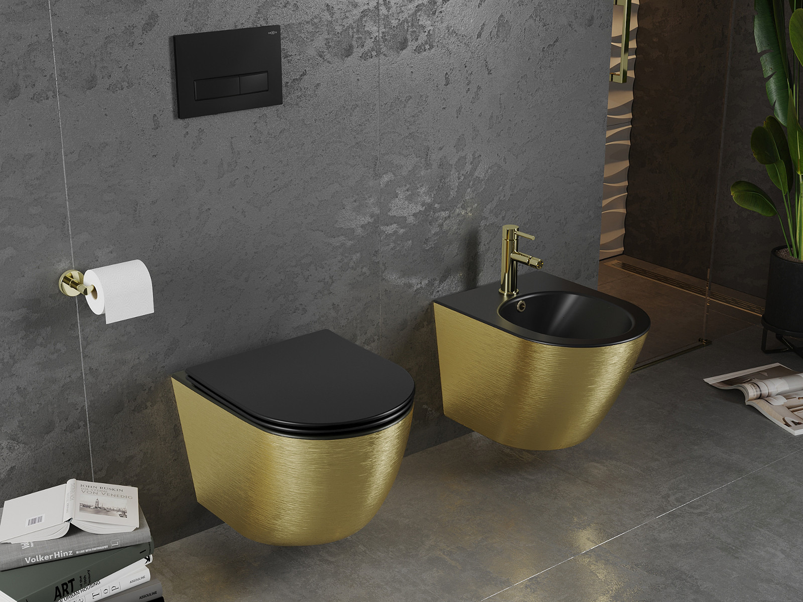 Čierna a zlatá keramika do kúpeľne